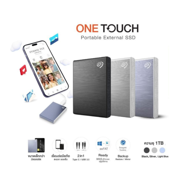 Seagate 1TB รุ่น One Touch SSD ความเร็ว 1,030MB/s USB-C ,USB 3.2 External Harddisk (STKG100040X) - Image 2